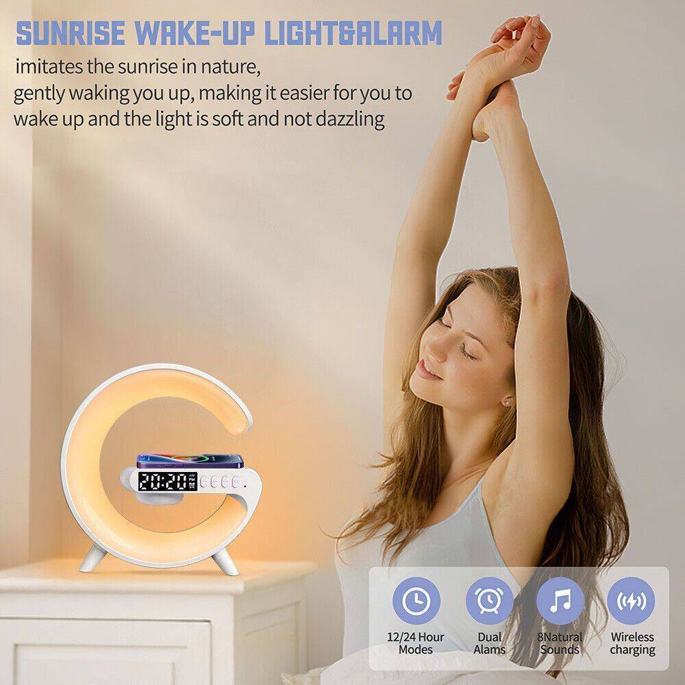 LuminaBeat Smart G Lamp – LED RGB Night Light, Bluetooth Speaker & Wireless Charger with Alarm Clock