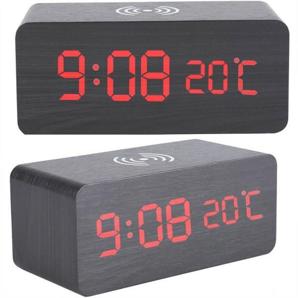 EcoTime Smart Wireless Charging LED Wooden Alarm Clock – Mute Sound Control, Environmentally Friendly