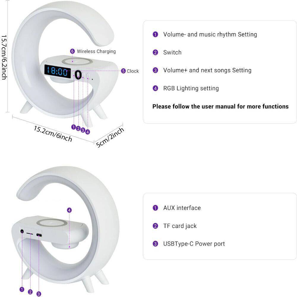 LuminaBeat Smart G Lamp – LED RGB Night Light, Bluetooth Speaker & Wireless Charger with Alarm Clock