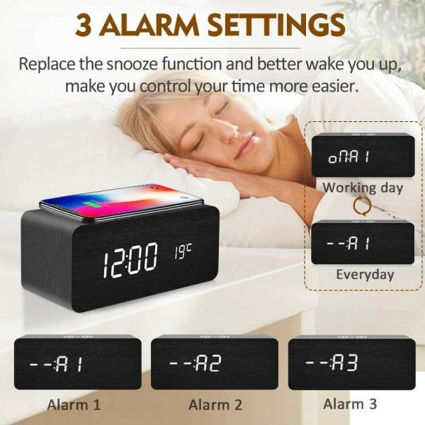 EcoTime Smart Wireless Charging LED Wooden Alarm Clock – Mute Sound Control, Environmentally Friendly