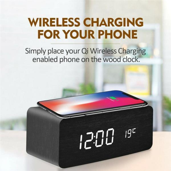 EcoTime Smart Wireless Charging LED Wooden Alarm Clock – Mute Sound Control, Environmentally Friendly