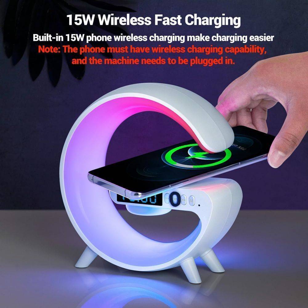 LuminaBeat Smart G Lamp – LED RGB Night Light, Bluetooth Speaker & Wireless Charger with Alarm Clock