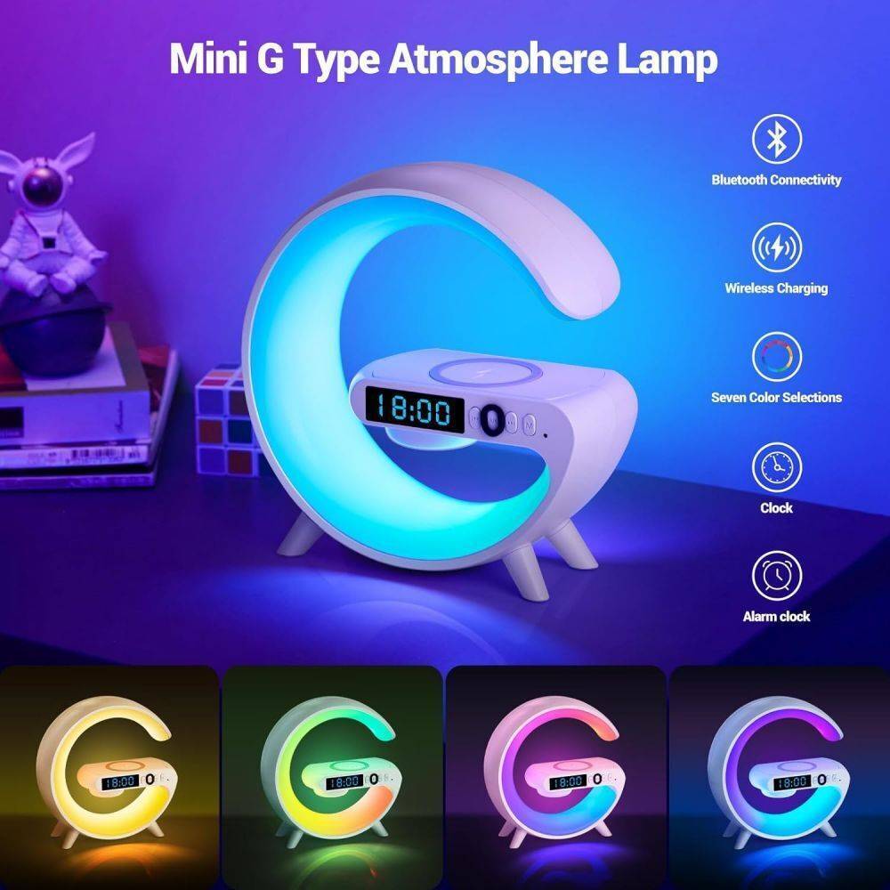 LuminaBeat Smart G Lamp – LED RGB Night Light, Bluetooth Speaker & Wireless Charger with Alarm Clock