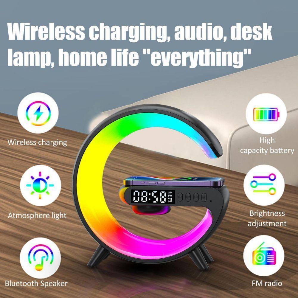 LuminaBeat Smart G Lamp – LED RGB Night Light, Bluetooth Speaker & Wireless Charger with Alarm Clock
